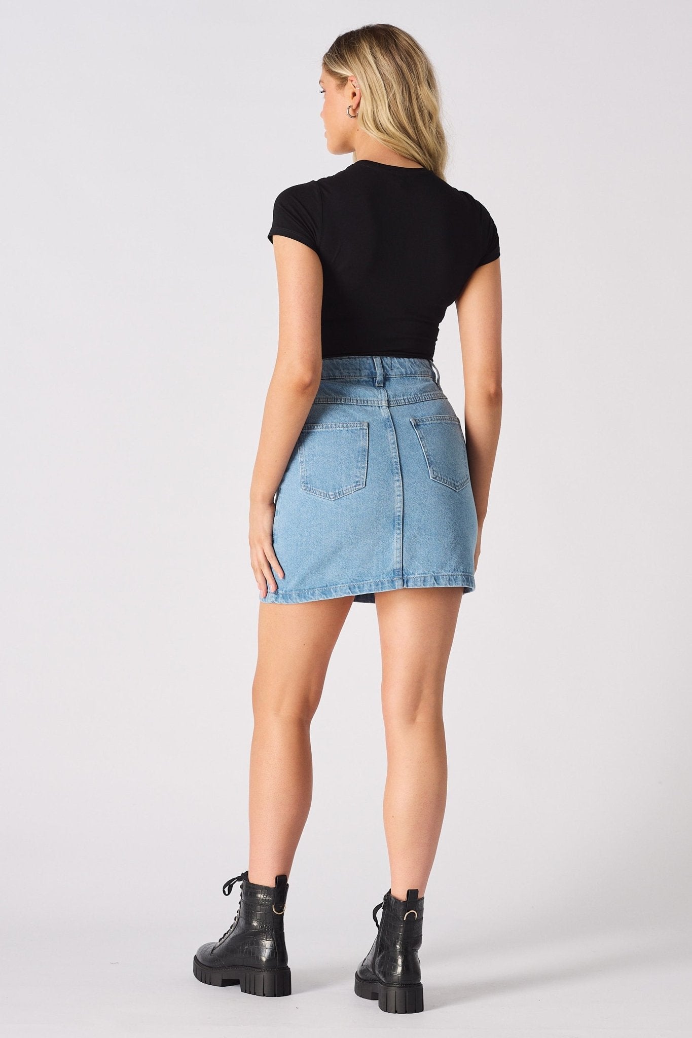 Arya High Waisted Mini Denim Skirt – Light Blue Wash - JMOJO - Women's Denim Skirts