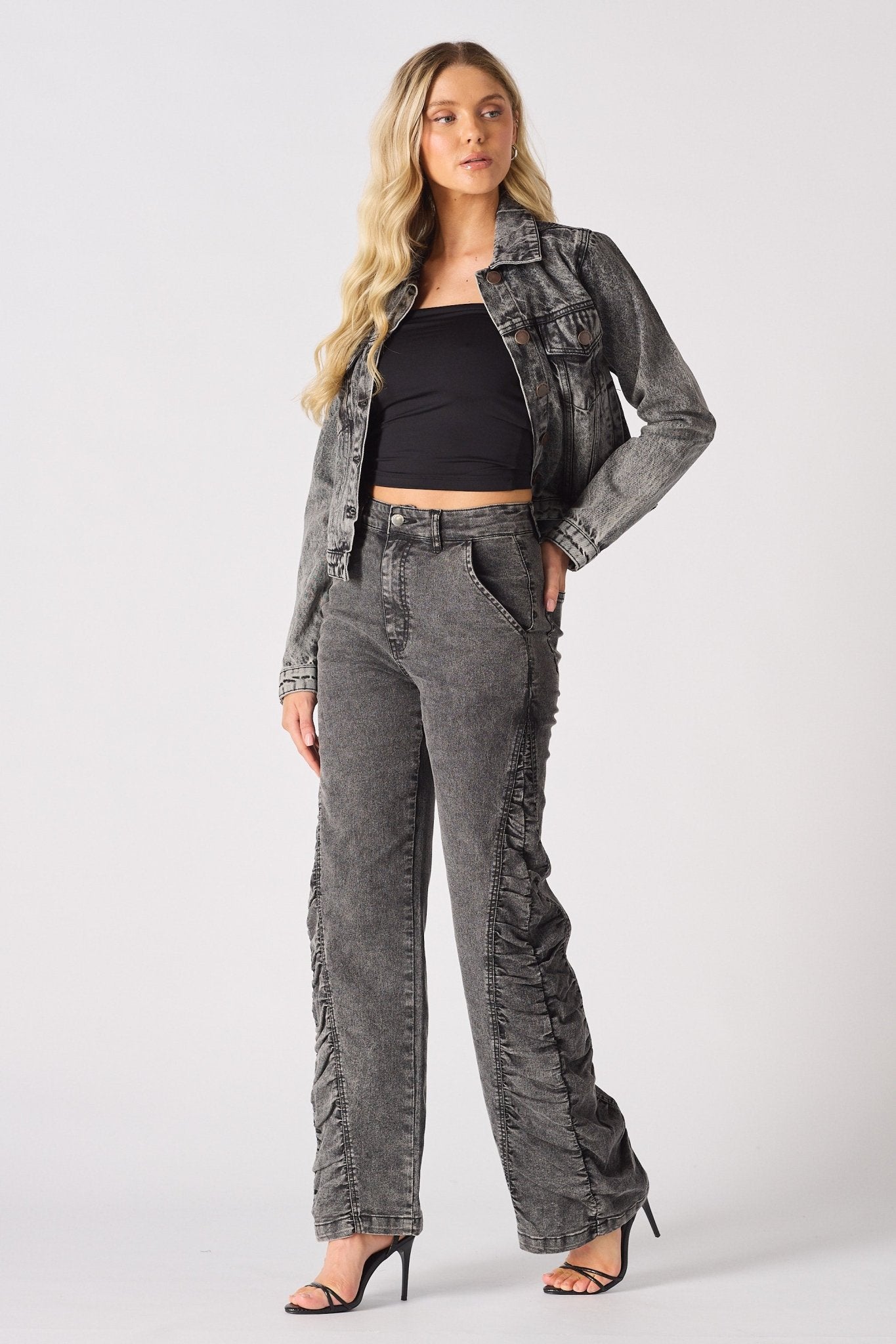 ASTRA Grey Ruched High Waisted Flare Jeans - Grey - JMOJO - Women's Flare Jeans