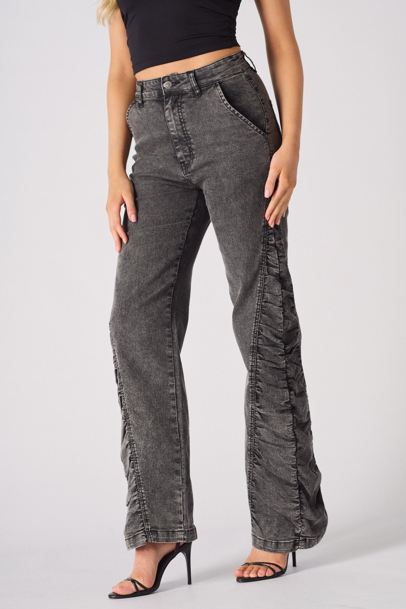 ASTRA Grey Ruched High Waisted Flare Jeans - Grey - JMOJO - Women's Flare Jeans