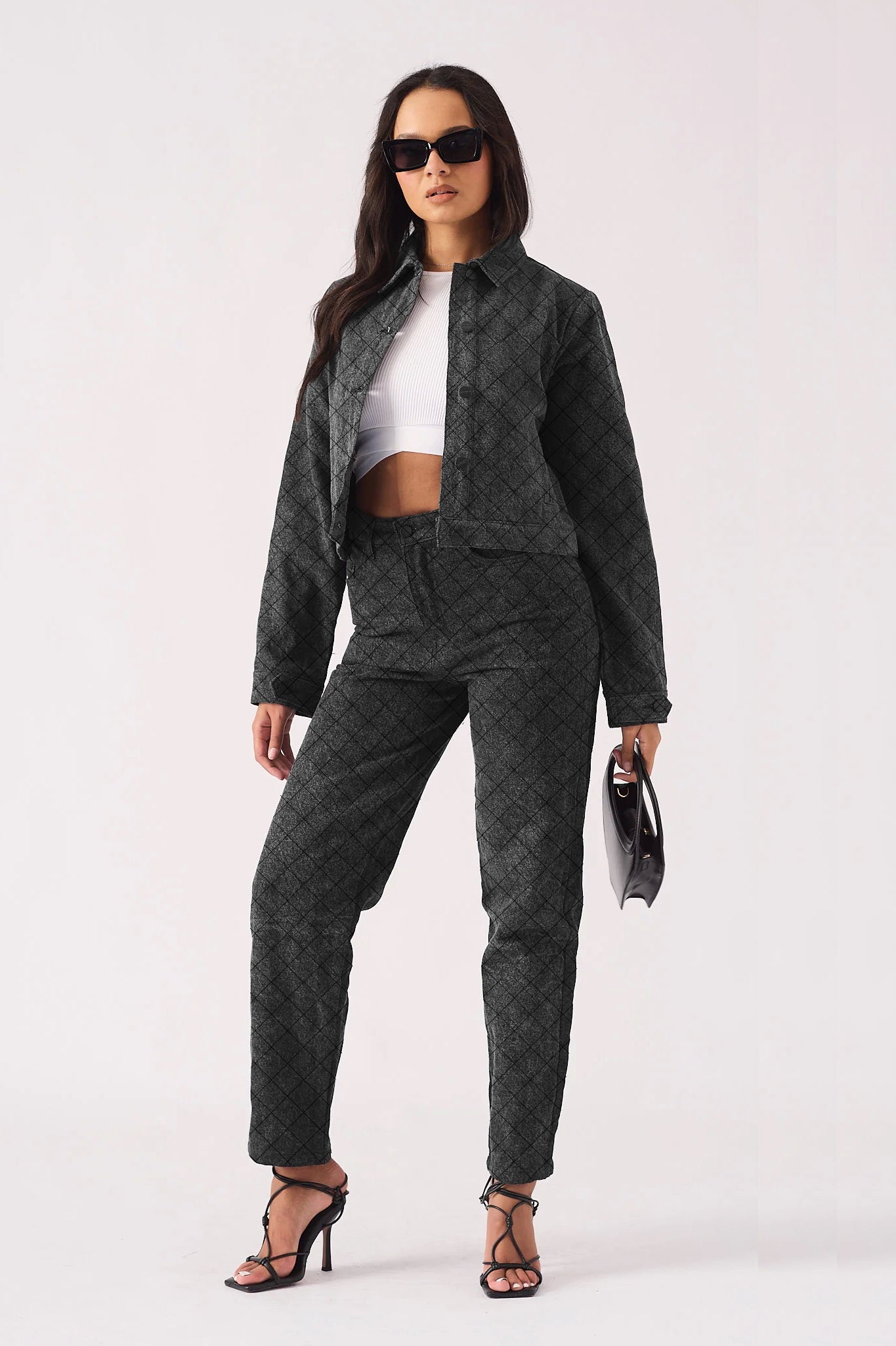Bracken Diamond Stitch Crop Denim Jacket – Black Acid Wash - JMOJO - Women's Cropped Denim Jackets