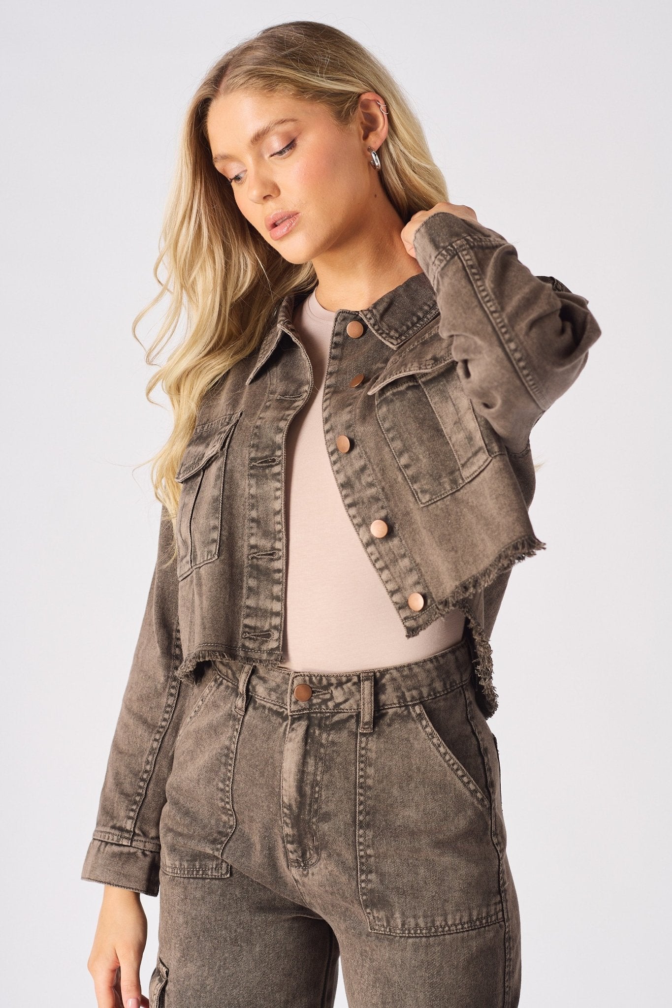 CARGO DENIM JACKET - BROWN - JMOJO - Women's Cargo Denim Jackets