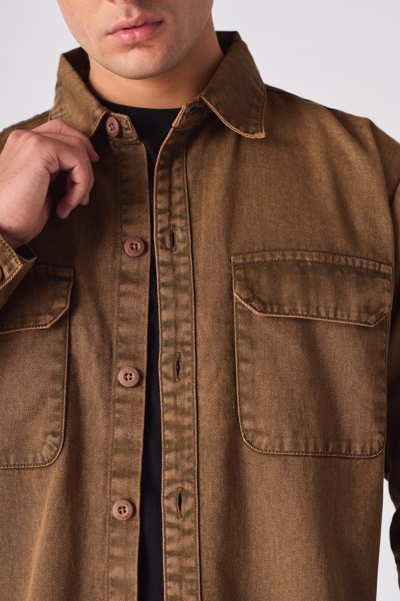 CARGO DENIM SHIRT - BROWN ACID WASH - JMOJO - Men's cargo denim shirts