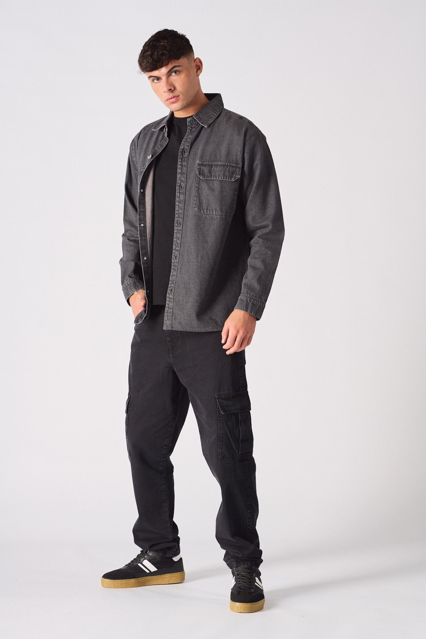 CARGO DENIM SHIRT - GREY ACID WASH - JMOJO - Men's cargo denim shirts