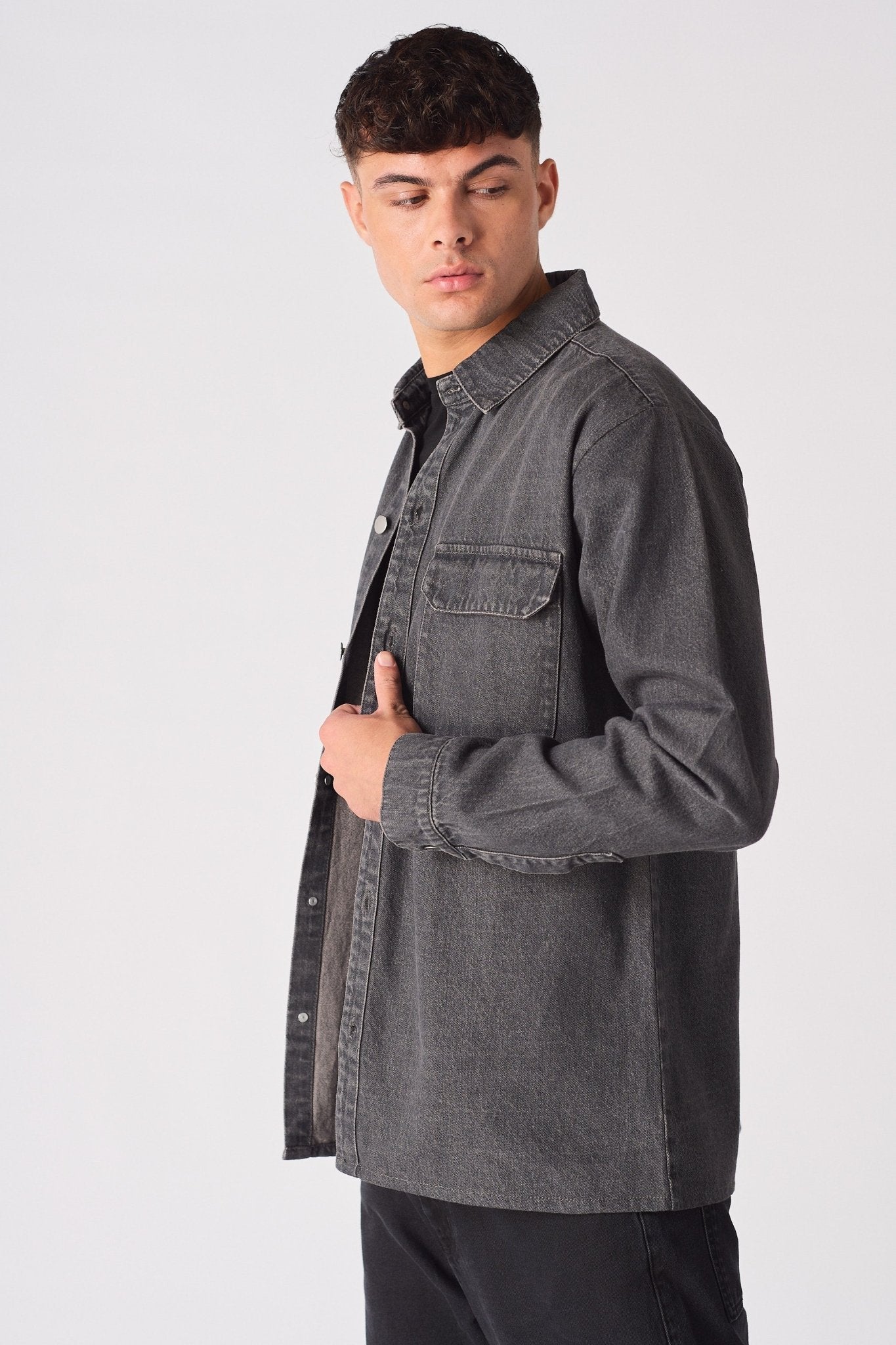 CARGO DENIM SHIRT - GREY ACID WASH - JMOJO - Men's cargo denim shirts