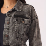 CROPPED DENIM JACKET - BLACK - JMOJO - Women's Cropped Denim Jackets