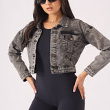 CROPPED DENIM JACKET - BLACK - JMOJO - Women's Cropped Denim Jackets