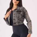 CROPPED DENIM JACKET - BLACK - JMOJO - Women's Cropped Denim Jackets