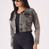 CROPPED DENIM JACKET - BLACK - JMOJO - Women's Cropped Denim Jackets