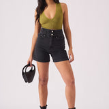 DOUBLE WAIST DENIM SHORTS - BLACK - JMOJO - Women's Denim Shorts