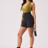 DOUBLE WAIST DENIM SHORTS - BLACK - JMOJO - Women's Denim Shorts