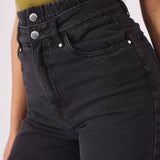 DOUBLE WAIST DENIM SHORTS - BLACK - JMOJO - Women's Denim Shorts
