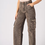 Dovie High Waisted Wide Leg Cargo Jeans - Chocolate Brown - JMOJO - Women's wide leg cargo jeans