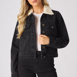 Drift Sherpa Collar Denim Jacket – Black - JMOJO - Women's Denim Jackets Sherpa