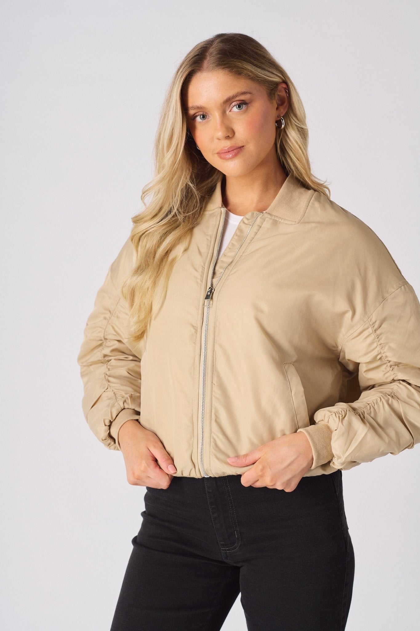 Dune Ruched Sleeve Bomber Jacket – Beige - JMOJO - Women's Bomber Jackets