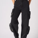 Evora Cargo Straight Leg Jeans with Removable Pockets - Black - JMOJO - Women's Straight Leg Cargo Jeans Removable Pockets