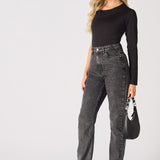Evora High Waisted Slim Straight Leg Jeans - Black - JMOJO - Women's Straight Leg Jeans