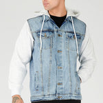 FLEECE HOODED DENIM JACKET - LIGHT BLUE WASH - JMOJO - Men's Fleece Hooded Denim Jackets