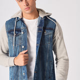 FLEECE HOODED DENIM JACKET - MID BLUE WASH - JMOJO - Men's Fleece Hooded Denim Jackets