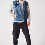 FLEECE HOODED DENIM JACKET - MID BLUE WASH - JMOJO - Men's Fleece Hooded Denim Jackets