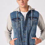 FLEECE HOODED DENIM JACKET - MID BLUE WASH - JMOJO - Men's Fleece Hooded Denim Jackets