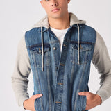 FLEECE HOODED DENIM JACKET - MID BLUE WASH - JMOJO - Men's Fleece Hooded Denim Jackets