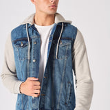 FLEECE HOODED DENIM JACKET - MID BLUE WASH - JMOJO - Men's Fleece Hooded Denim Jackets
