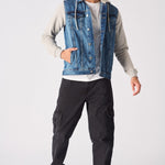 FLEECE HOODED DENIM JACKET - MID BLUE WASH - JMOJO - Men's Fleece Hooded Denim Jackets