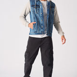 FLEECE HOODED DENIM JACKET - MID BLUE WASH - JMOJO - Men's Fleece Hooded Denim Jackets