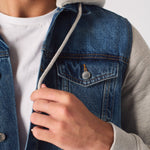 FLEECE HOODED DENIM JACKET - MID BLUE WASH - JMOJO - Men's Fleece Hooded Denim Jackets