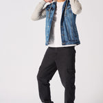 FLEECE HOODED DENIM JACKET - MID BLUE WASH - JMOJO - Men's Fleece Hooded Denim Jackets