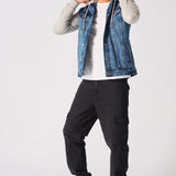 FLEECE HOODED DENIM JACKET - MID BLUE WASH - JMOJO - Men's Fleece Hooded Denim Jackets