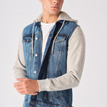 FLEECE HOODED DENIM JACKET - MID BLUE WASH - JMOJO - Men's Fleece Hooded Denim Jackets