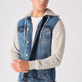 FLEECE HOODED DENIM JACKET - MID BLUE WASH - JMOJO - Men's Fleece Hooded Denim Jackets
