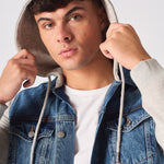 FLEECE HOODED DENIM JACKET - MID BLUE WASH - JMOJO - Men's Fleece Hooded Denim Jackets