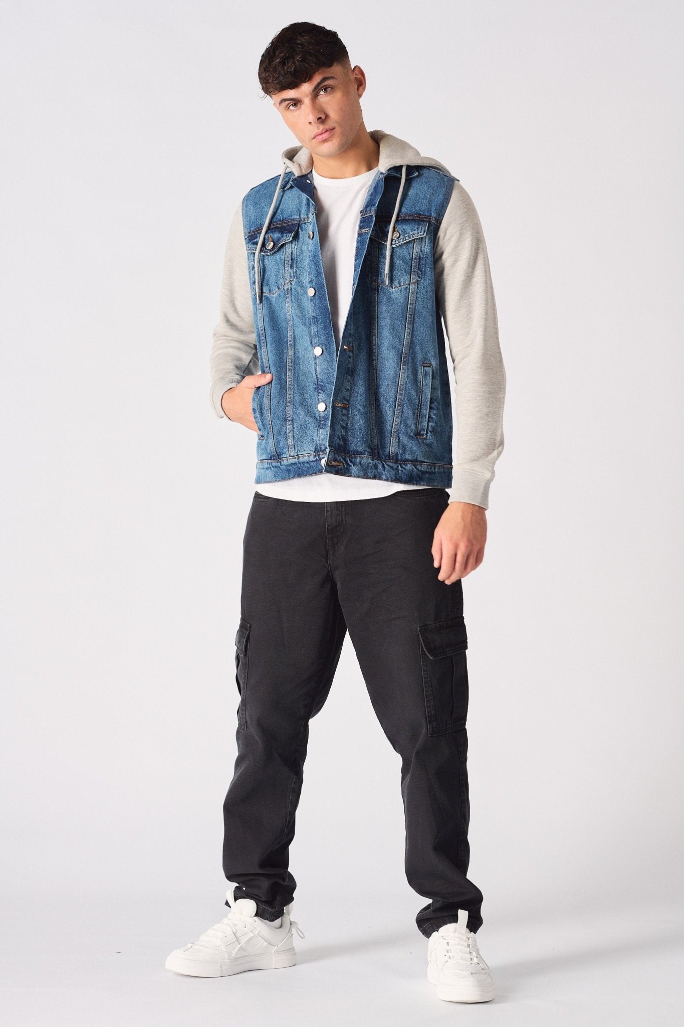 FLEECE HOODED DENIM JACKET - MID BLUE WASH - JMOJO - Men's Fleece Hooded Denim Jackets