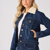 Frost Sherpa Collar Denim Jacket – Mid Blue - JMOJO - Women's Denim Jackets Sherpa