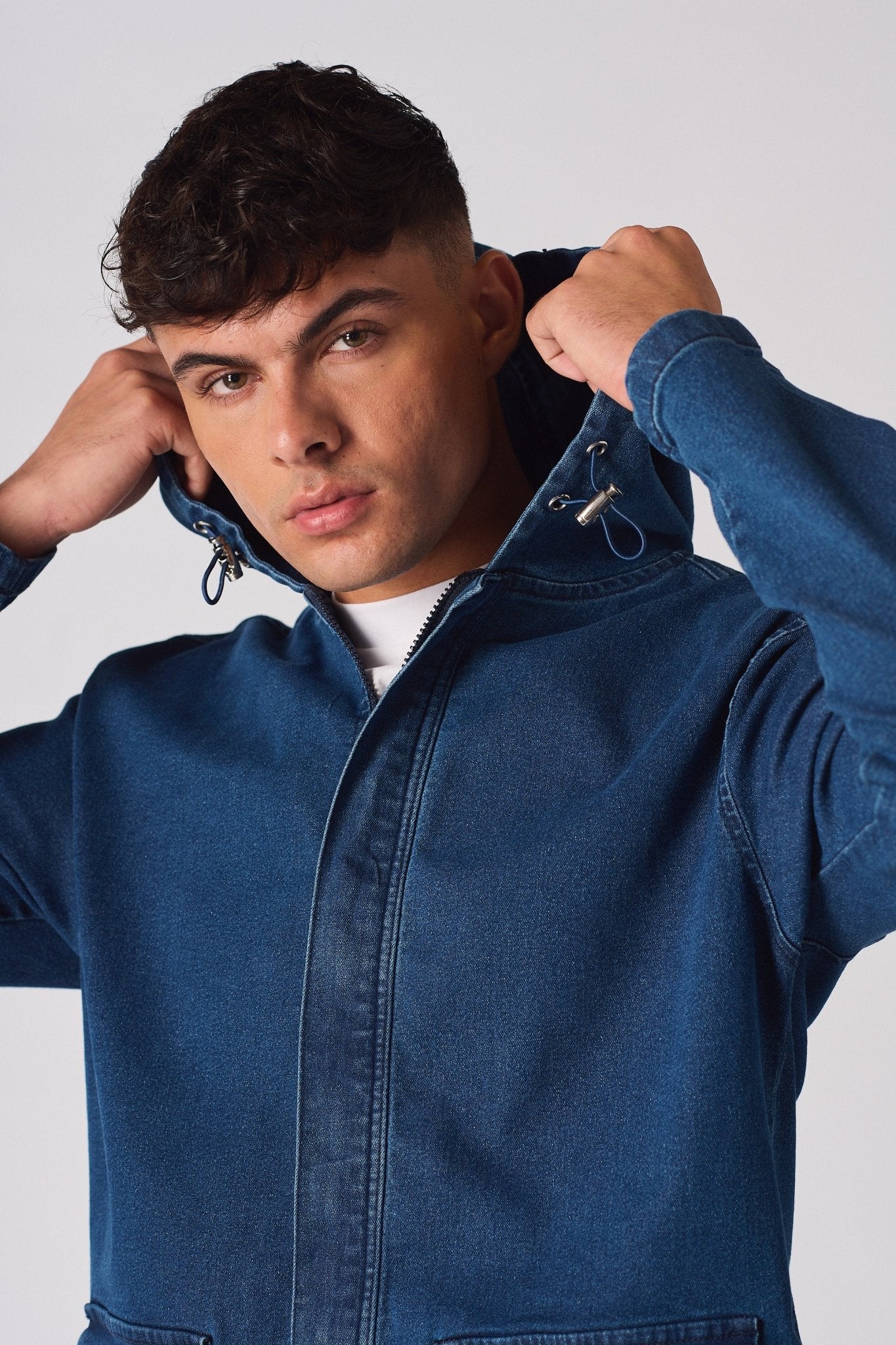 HOODED DENIM JACKET - MID BLUE WASH - JMOJO - Men's Hooded Cargo Denim Jackets