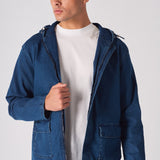 HOODED DENIM JACKET - MID BLUE WASH - JMOJO - Men's Hooded Cargo Denim Jackets
