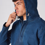 HOODED DENIM JACKET - MID BLUE WASH - JMOJO - Men's Hooded Cargo Denim Jackets