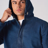 HOODED DENIM JACKET - MID BLUE WASH - JMOJO - Men's Hooded Cargo Denim Jackets