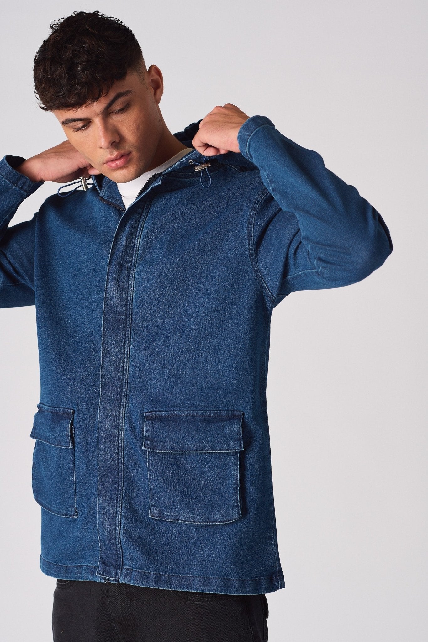 HOODED DENIM JACKET - MID BLUE WASH - JMOJO - Men's Hooded Cargo Denim Jackets