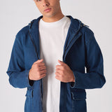 HOODED DENIM JACKET - MID BLUE WASH - JMOJO - Men's Hooded Cargo Denim Jackets