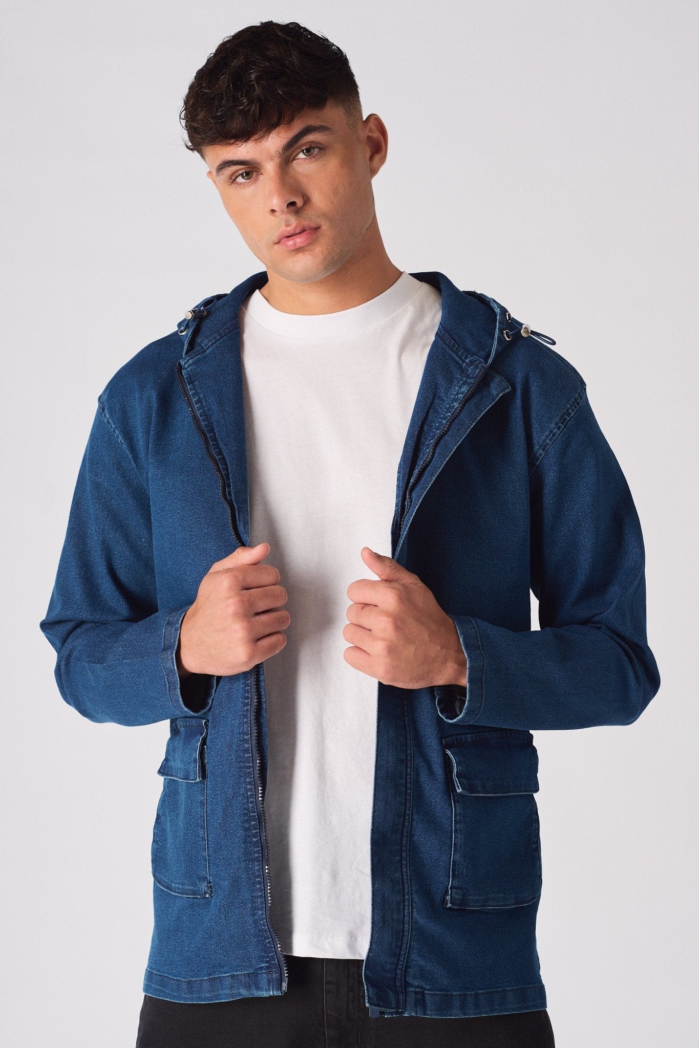 HOODED DENIM JACKET - MID BLUE WASH - JMOJO - Men's Hooded Cargo Denim Jackets