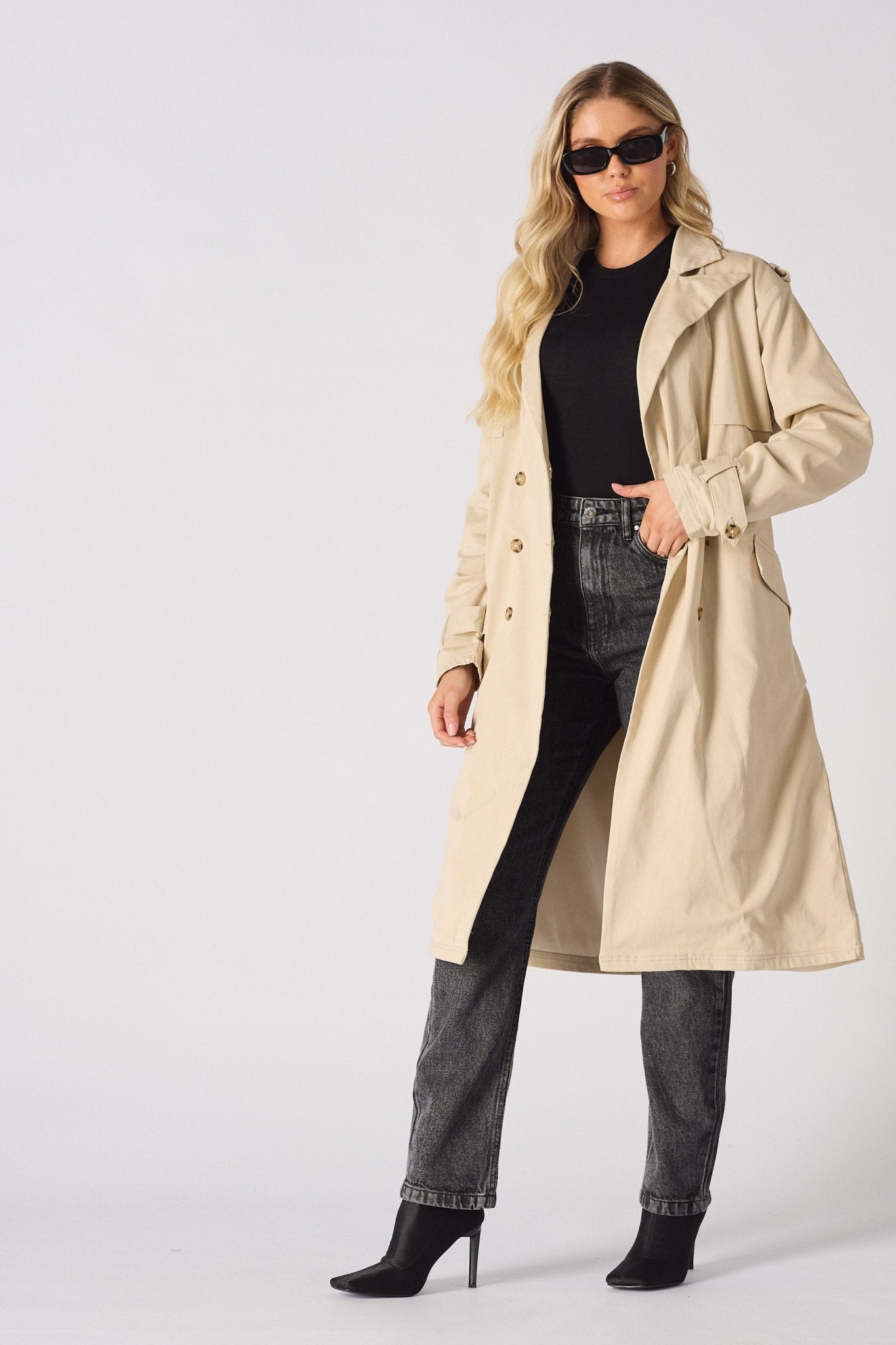LONGLINE BELTED TRENCH COAT - STONE - JMOJO - Women's Trench Coat