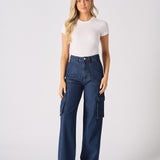 Luxzi High Waisted Wide Leg Cargo Jeans - Blue - JMOJO - Women's wide leg cargo jeans
