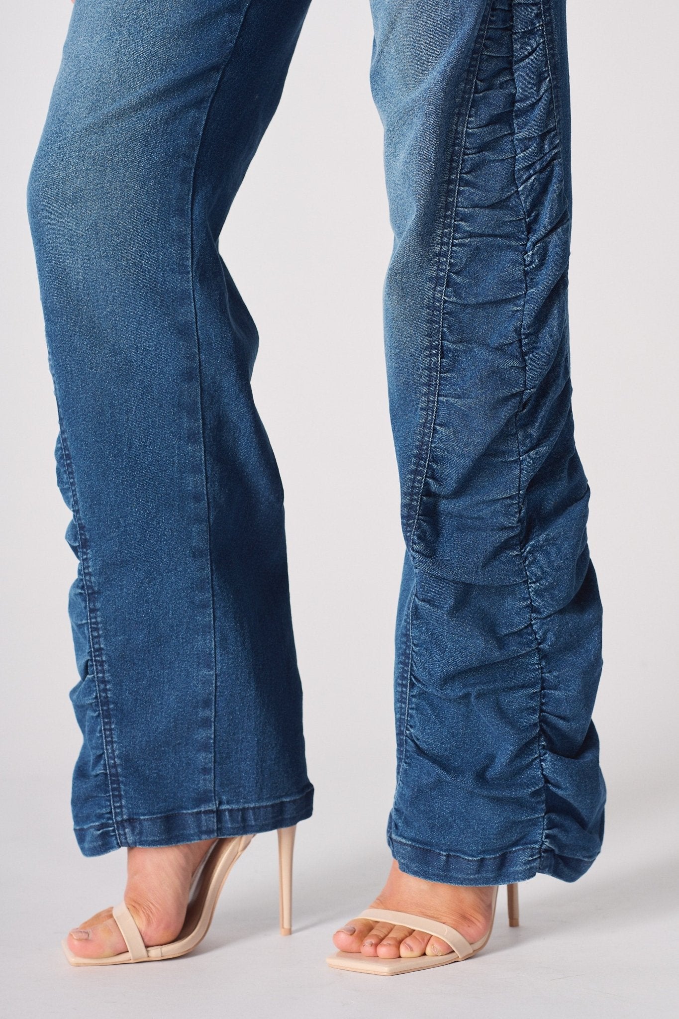 MAIA Ruched High Waisted Flare Jeans - Mid Blue - JMOJO - Women's Flare Jeans