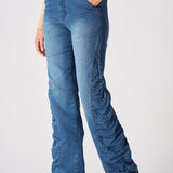 MAIA Ruched High Waisted Flare Jeans - Mid Blue - JMOJO - Women's Flare Jeans
