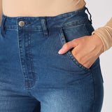 MAIA Ruched High Waisted Flare Jeans - Mid Blue - JMOJO - Women's Flare Jeans