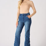 MAIA Ruched High Waisted Flare Jeans - Mid Blue - JMOJO - Women's Flare Jeans