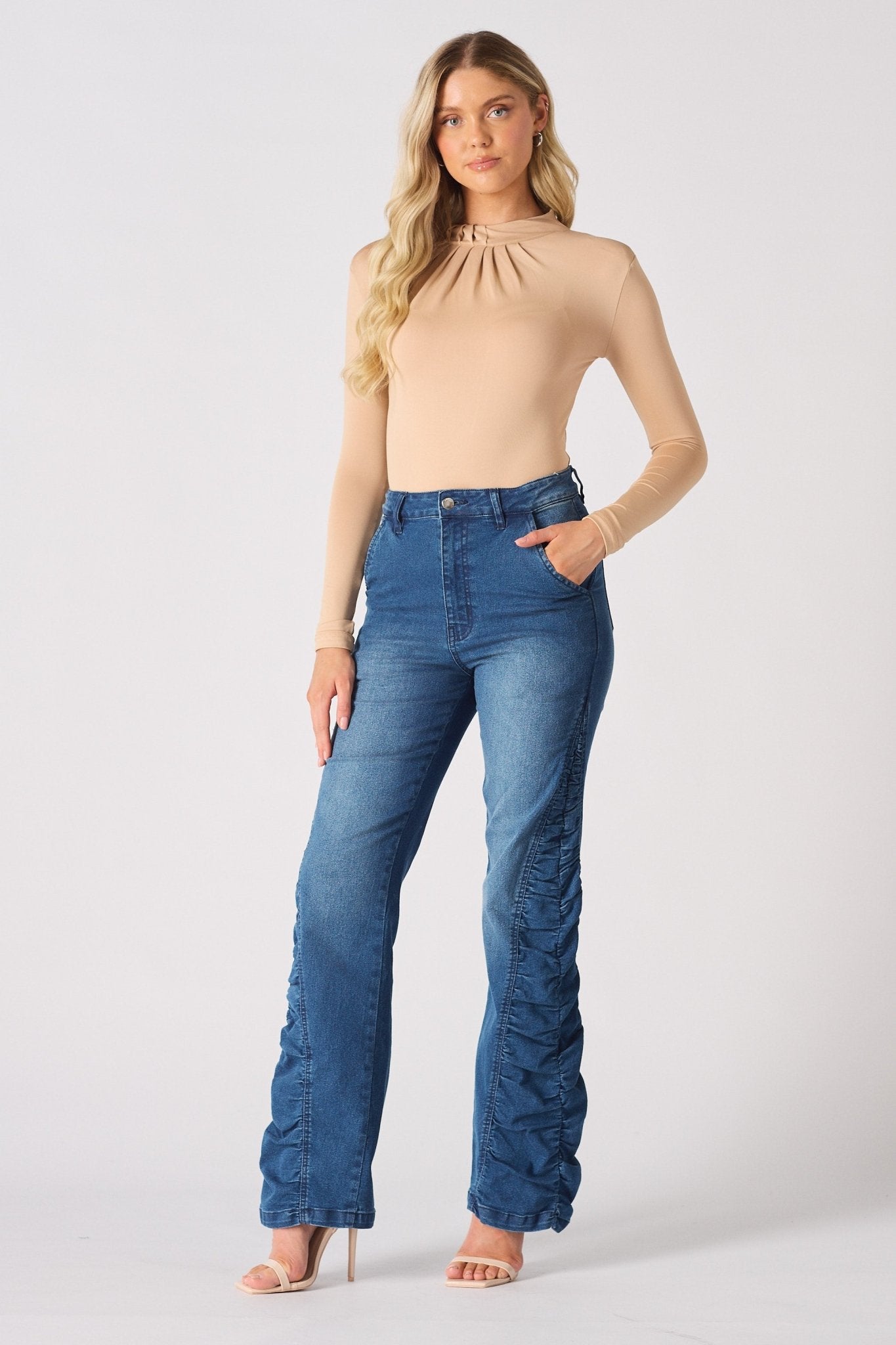 MAIA Ruched High Waisted Flare Jeans - Mid Blue - JMOJO - Women's Flare Jeans